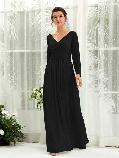 Carlyna Robe trapèze Col V Manches longues longueur sol demoiselle d'honneur Noir #couleur_noir