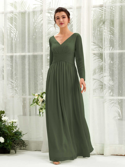Carlyna Robe trapèze Col V Manches longues longueur sol demoiselle d'honneur Olive Martini #couleur_olive-martini