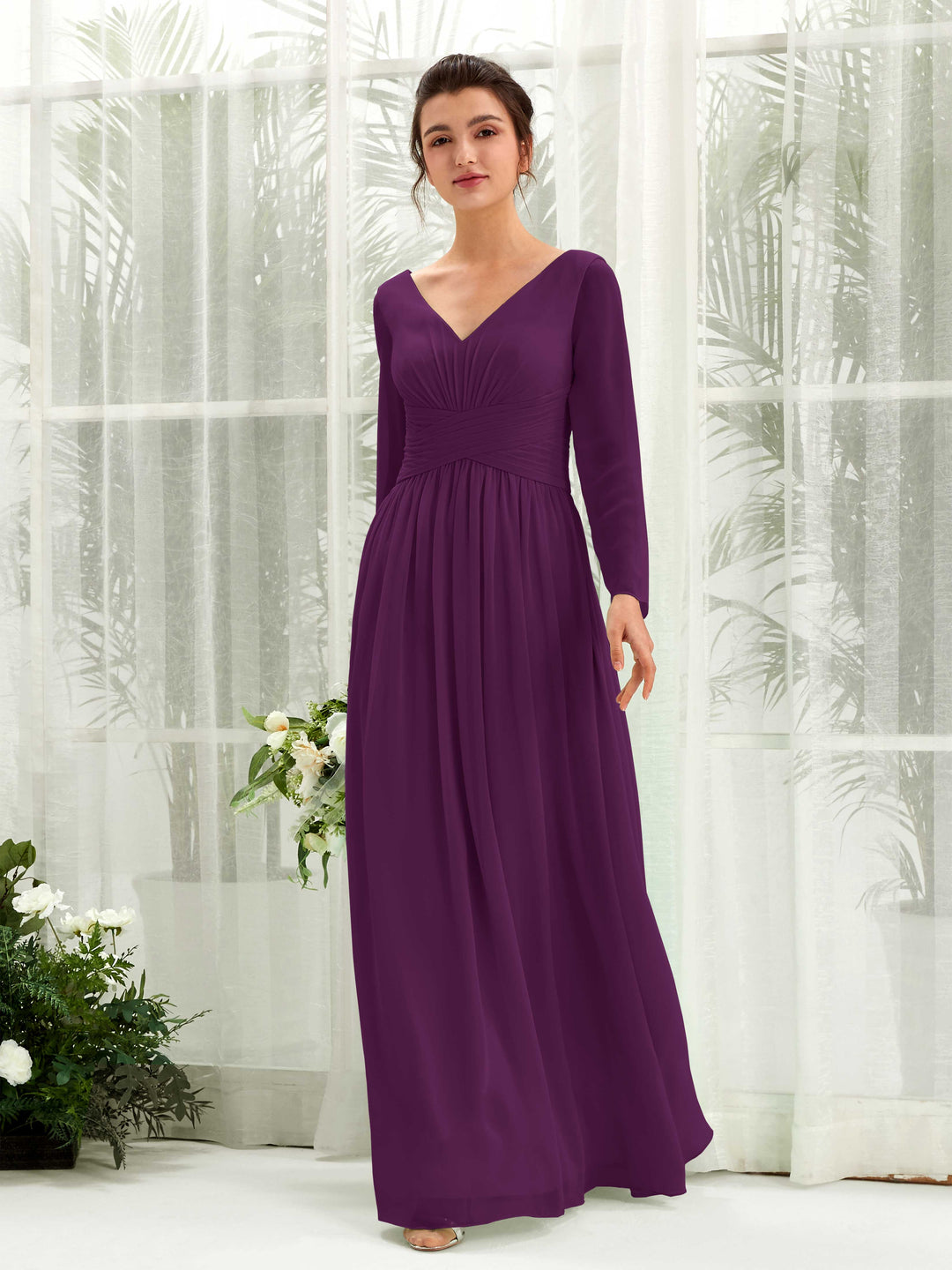 Carlyna Robe trapèze Col V Manches longues longueur sol demoiselle d&