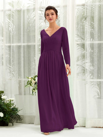 Carlyna Robe trapèze Col V Manches longues longueur sol demoiselle d'honneur Pourpre #couleur_pourpre