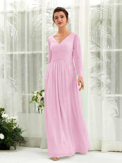 Carlyna Robe trapèze Col V Manches longues longueur sol demoiselle d'honneur Rose Bonbon #couleur_rose-bonbon