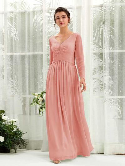Carlyna Robe trapèze Col V Manches longues longueur sol demoiselle d'honneur Rose Champagne #couleur_rose-champagne