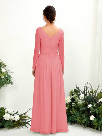 Carlyna Robe trapèze Col V Manches longues longueur sol demoiselle d'honneur Rose Corail #couleur_rose-corail