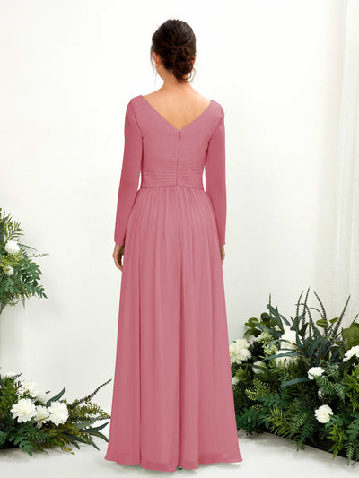 Carlyna Robe trapèze Col V Manches longues longueur sol demoiselle d'honneur Rose Du Désert #couleur_rose-du-d-sert