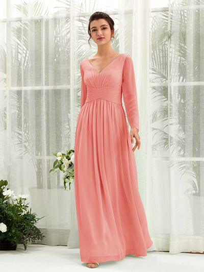Carlyna Robe trapèze Col V Manches longues longueur sol demoiselle d'honneur Rose Pêche #couleur_rose-p-che