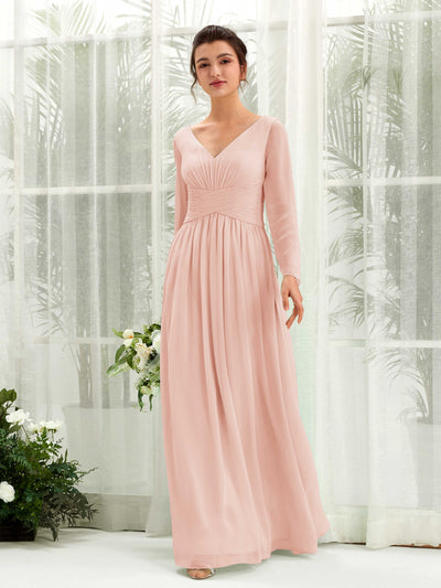 Carlyna Robe trapèze Col V Manches longues longueur sol demoiselle d'honneur Rose Perle #couleur_rose-perle