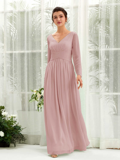 Carlyna Robe trapèze Col V Manches longues longueur sol demoiselle d'honneur Rose Poussiéreux #couleur_rose-poussi-reux