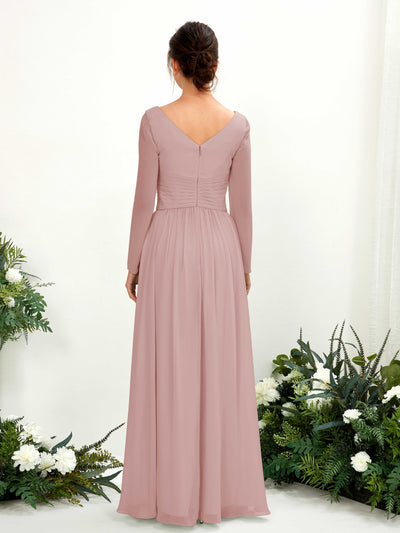 Carlyna Robe trapèze Col V Manches longues longueur sol demoiselle d'honneur Rose Poussiéreux #couleur_rose-poussi-reux