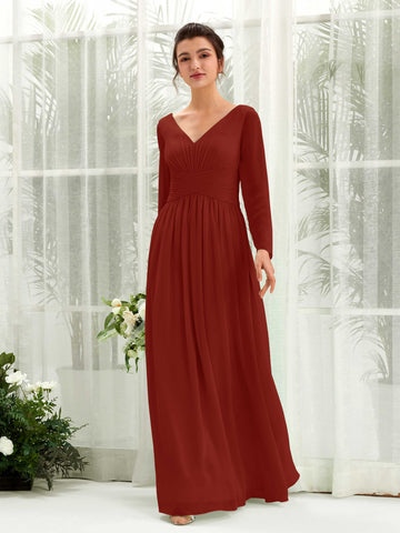 Carlyna Robe trapèze Col V Manches longues longueur sol demoiselle d'honneur Rouille #couleur_rouille