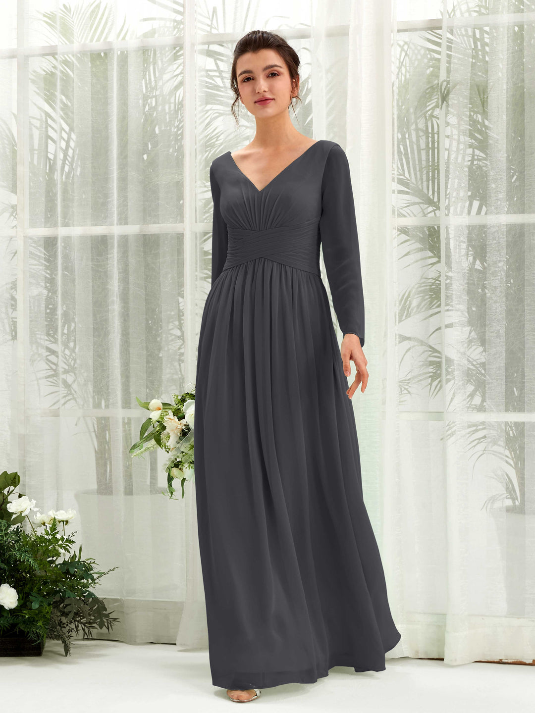 Carlyna Robe trapèze Col V Manches longues longueur sol demoiselle d&