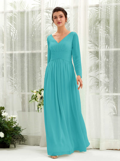 Carlyna Robe trapèze Col V Manches longues longueur sol demoiselle d'honneur Turquoise #couleur_turquoise