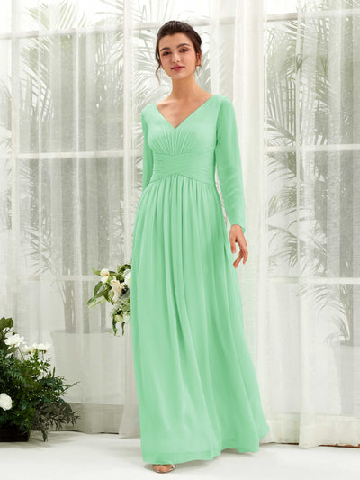 Carlyna Robe trapèze Col V Manches longues longueur sol demoiselle d'honneur Vert Menthe #couleur_vert-menthe
