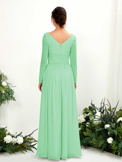 Carlyna Robe trapèze Col V Manches longues longueur sol demoiselle d'honneur Vert Menthe #couleur_vert-menthe