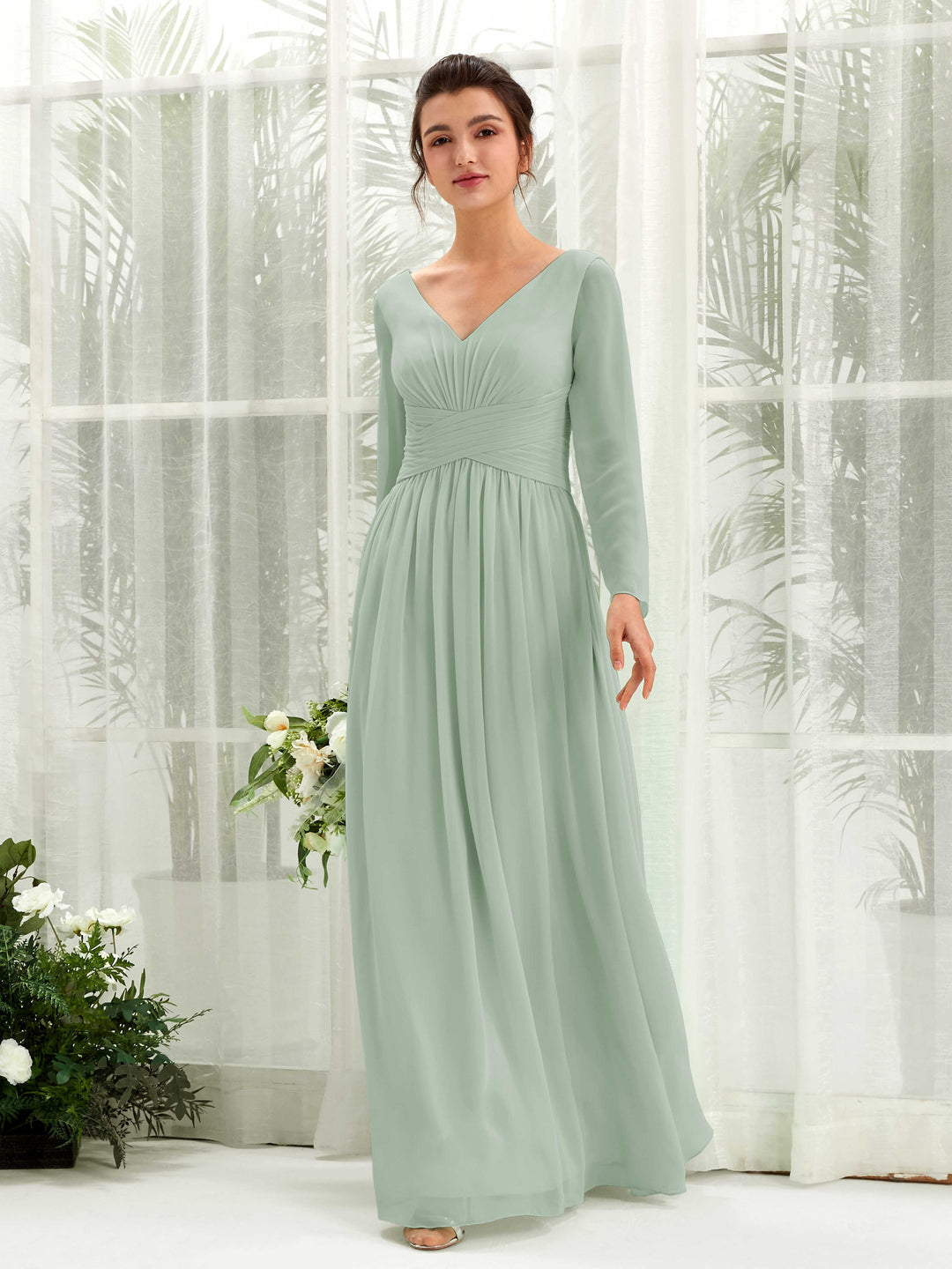 Carlyna Robe trapèze Col V Manches longues longueur sol demoiselle d&
