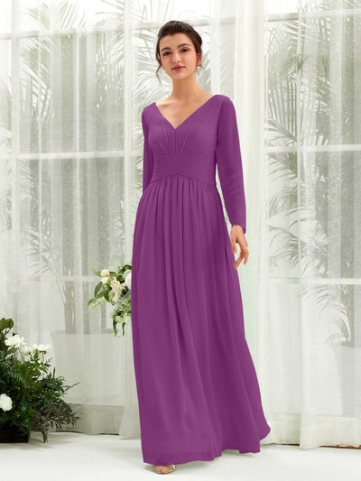 Carlyna Robe trapèze Col V Manches longues longueur sol demoiselle d'honneur Violet #couleur_violet