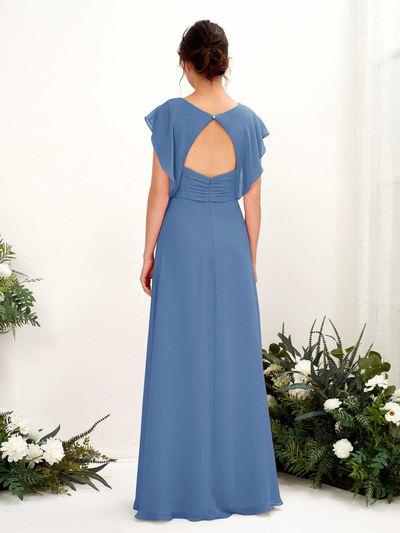 Carlyna Robe trapèze col V manches papillon longueur au sol demoiselle d'honneur Bleu Poussiéreux #couleur_bleu-poussi-reux