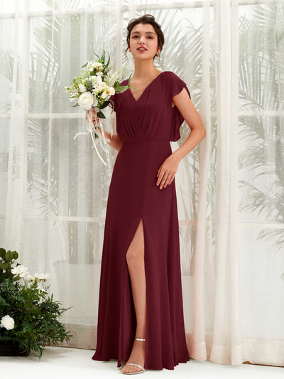 Carlyna Robe trapèze col V manches papillon longueur au sol demoiselle d'honneur Bordeaux #couleur_bordeaux