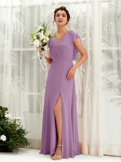 Carlyna Robe trapèze col V manches papillon longueur au sol demoiselle d'honneur Brume Orchidée #couleur_brume-orchid-e