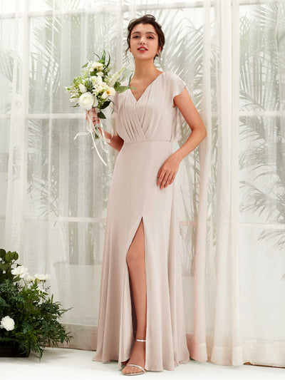 Carlyna Robe trapèze col V manches papillon longueur au sol demoiselle d'honneur Champagne #couleur_champagne