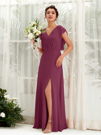 Carlyna Robe trapèze col V manches papillon longueur au sol demoiselle d'honneur Chianti #couleur_chianti