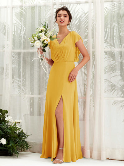 Carlyna Robe trapèze col V manches papillon longueur au sol demoiselle d'honneur Jaune Moutard #couleur_jaune-moutard