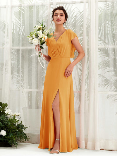 Carlyna Robe trapèze col V manches papillon longueur au sol demoiselle d'honneur Mangue #couleur_mangue