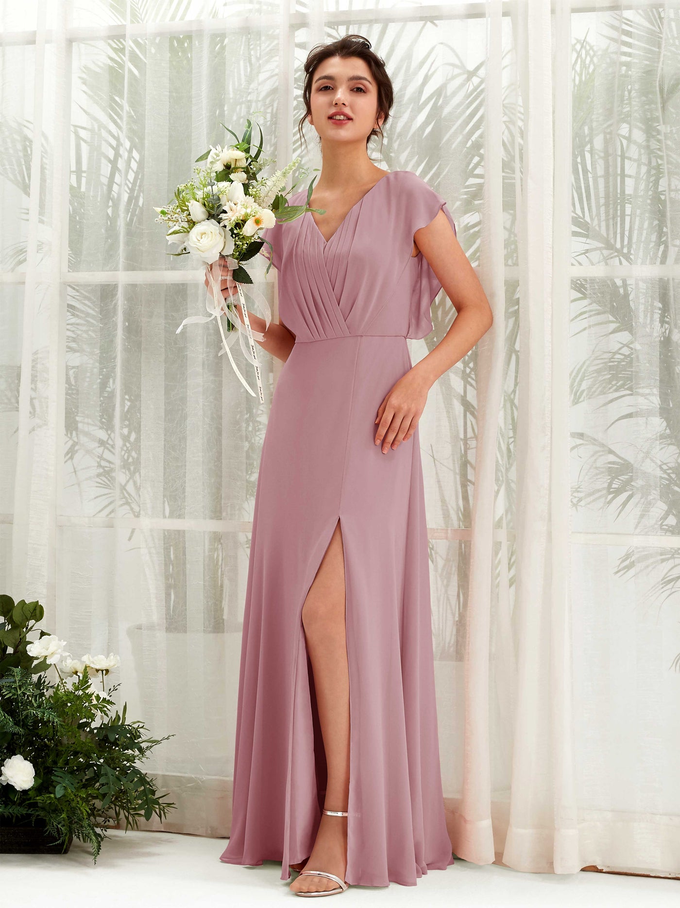 Carlyna Robe trapèze col V manches papillon longueur au sol demoiselle d'honneur Mauve Vintage #couleur_mauve-vintage