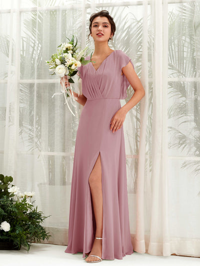 Carlyna Robe trapèze col V manches papillon longueur au sol demoiselle d'honneur Mauve Vintage #couleur_mauve-vintage