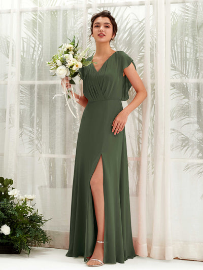 Carlyna Robe trapèze col V manches papillon longueur au sol demoiselle d'honneur Olive Martini #couleur_olive-martini