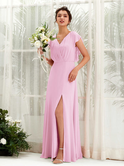 Carlyna Robe trapèze col V manches papillon longueur au sol demoiselle d'honneur Rose Bonbon #couleur_rose-bonbon