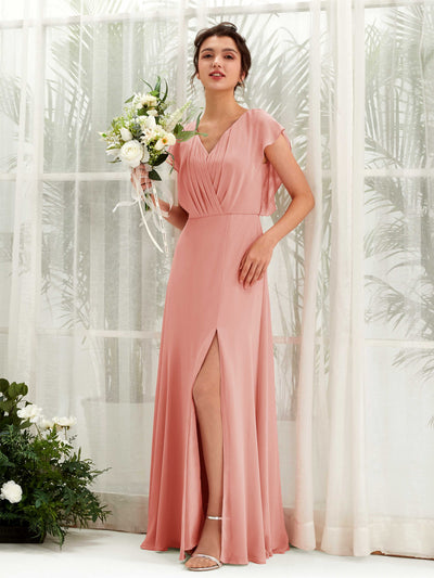 Carlyna Robe trapèze col V manches papillon longueur au sol demoiselle d'honneur Rose Champagne #couleur_rose-champagne