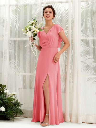 Carlyna Robe trapèze col V manches papillon longueur au sol demoiselle d'honneur Rose Corail #couleur_rose-corail