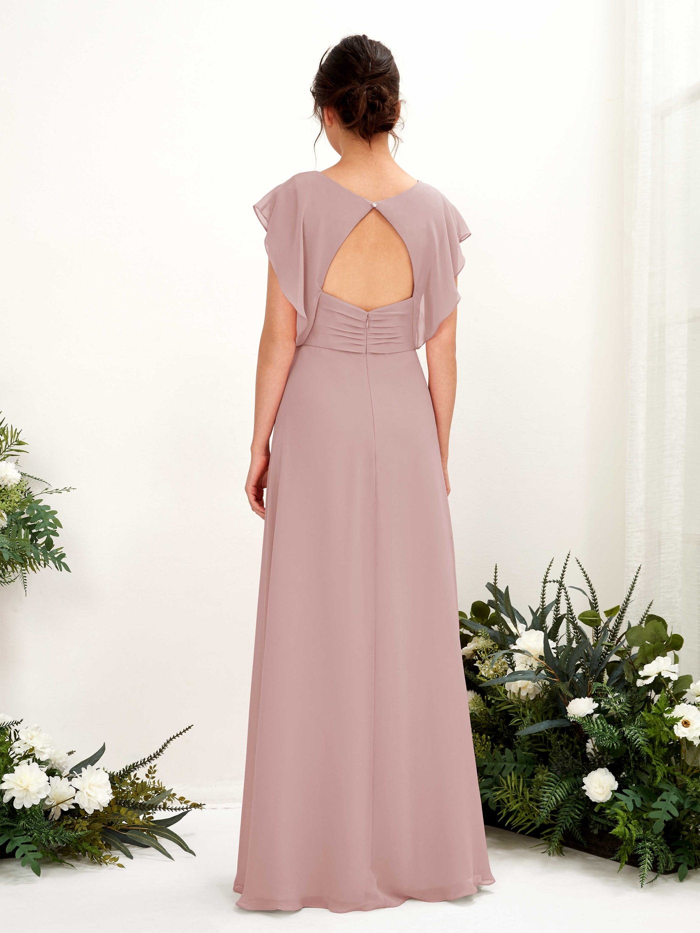 Carlyna Robe trapèze col V manches papillon longueur au sol demoiselle d'honneur Rose Poussiéreux #couleur_rose-poussi-reux