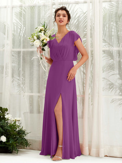Carlyna Robe trapèze col V manches papillon longueur au sol demoiselle d'honneur Violet #couleur_violet