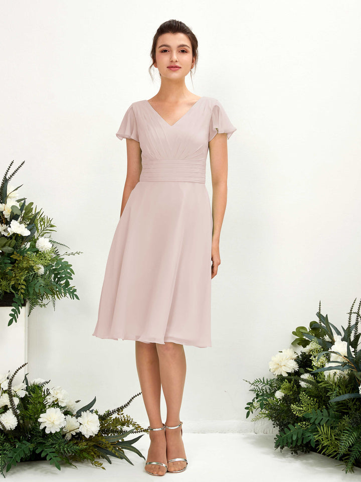 Carlyna Robe trapèze col V manches papillon longueur genou mousseline Biscotti 