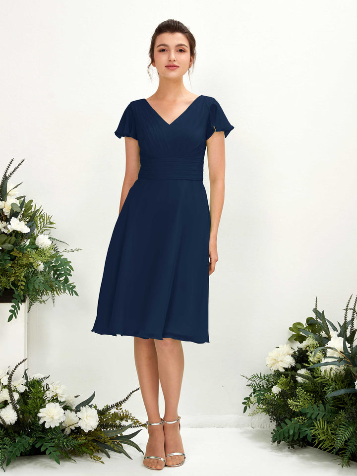 Carlyna Robe trapèze col V manches papillon longueur genou mousseline Bleu Marine 