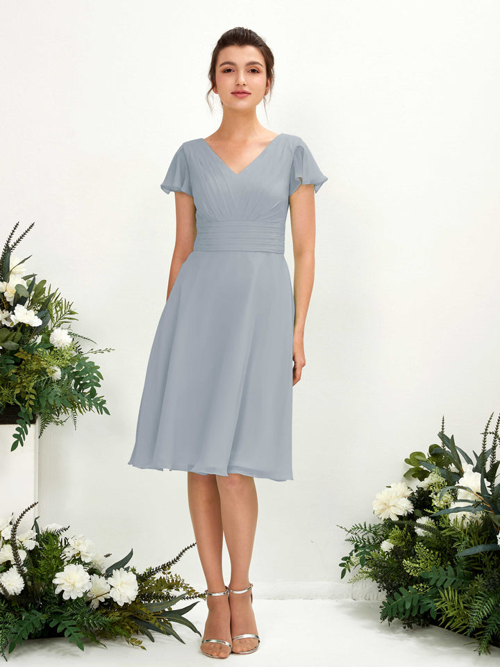 Carlyna Robe trapèze col V manches papillon longueur genou mousseline Bleu Poussiéreux Amélioré 