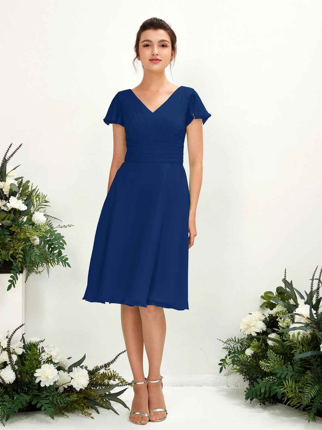 Carlyna Robe trapèze col V manches papillon longueur genou mousseline Bleu Roi 