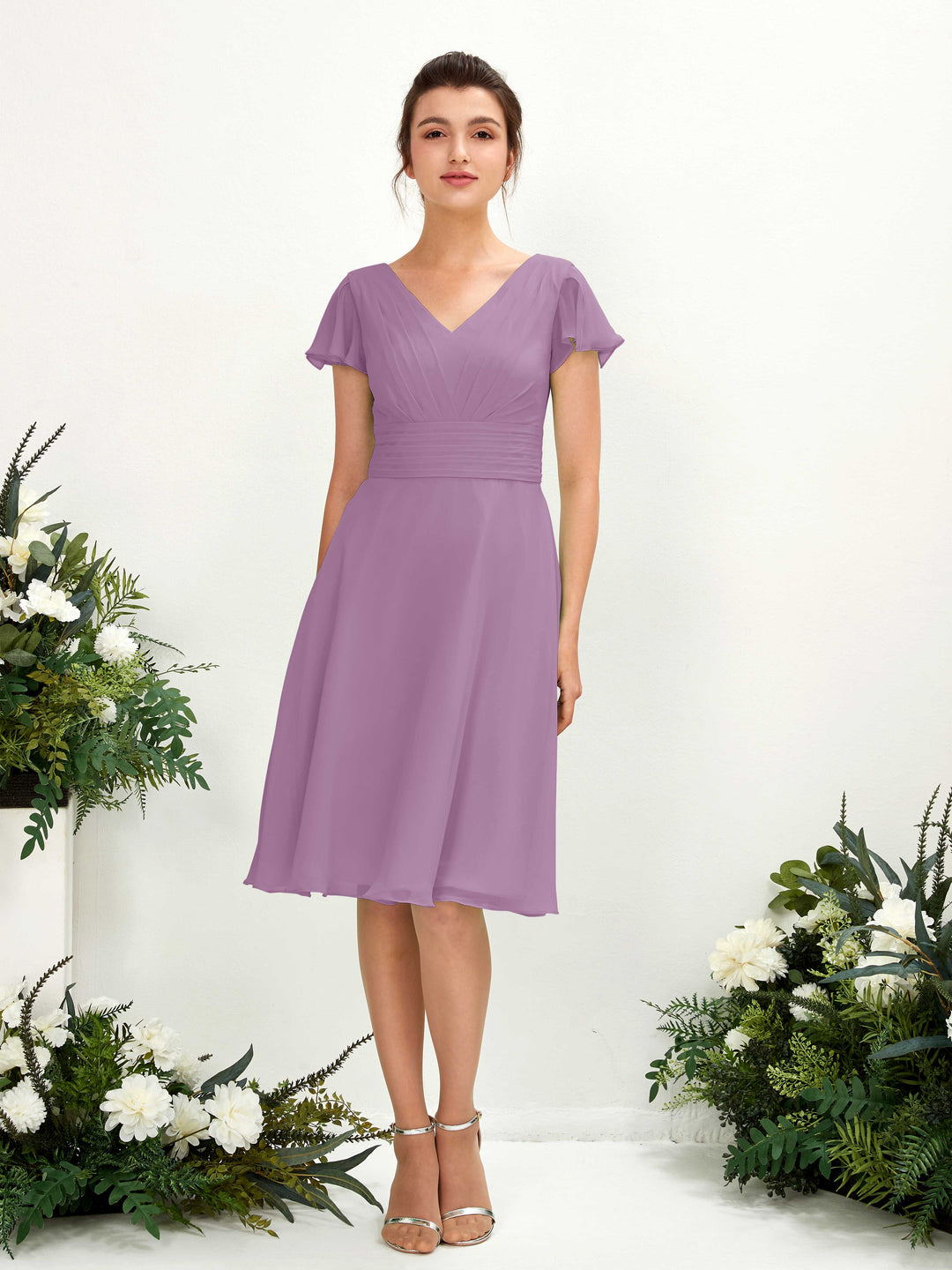 Carlyna Robe trapèze col V manches papillon longueur genou mousseline Brume Orchidée 