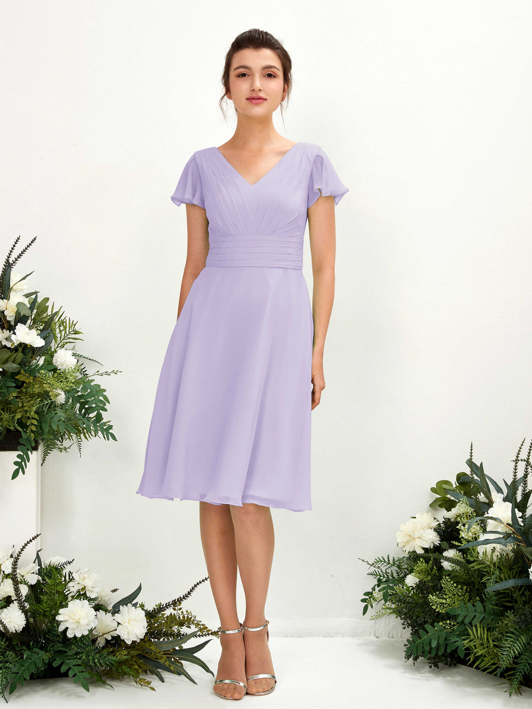 Carlyna Robe trapèze col V manches papillon longueur genou mousseline Lilas 