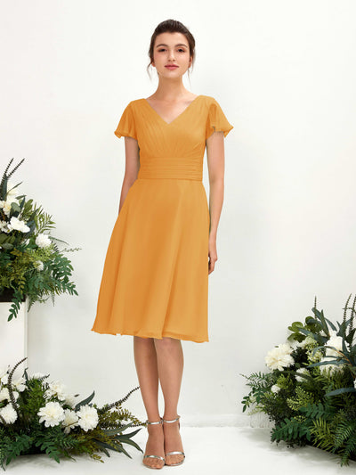 Carlyna Robe trapèze col V manches papillon longueur genou mousseline Mangue #couleur_mangue