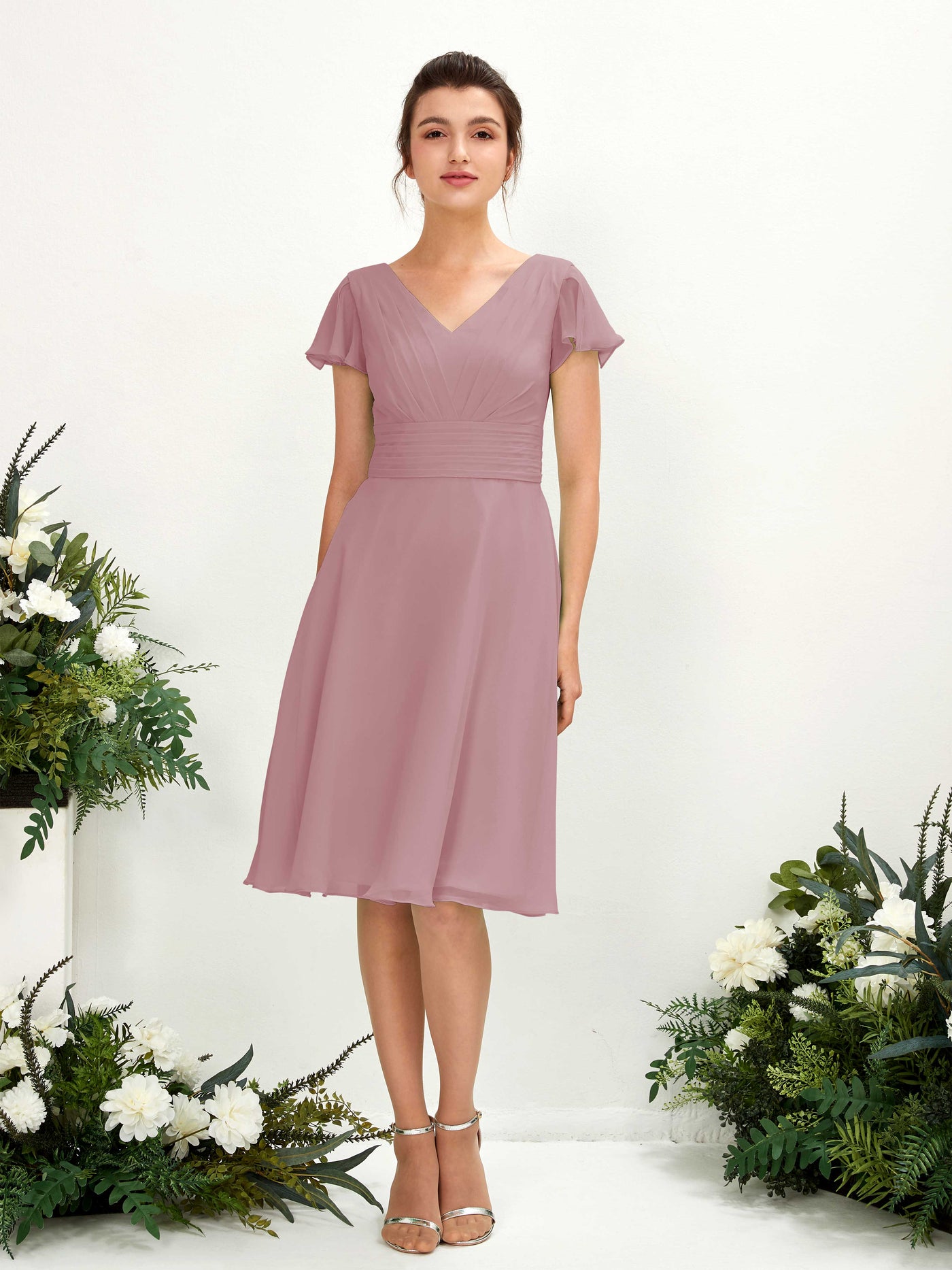 Carlyna Robe trapèze col V manches papillon longueur genou mousseline Mauve Vintage #couleur_mauve-vintage