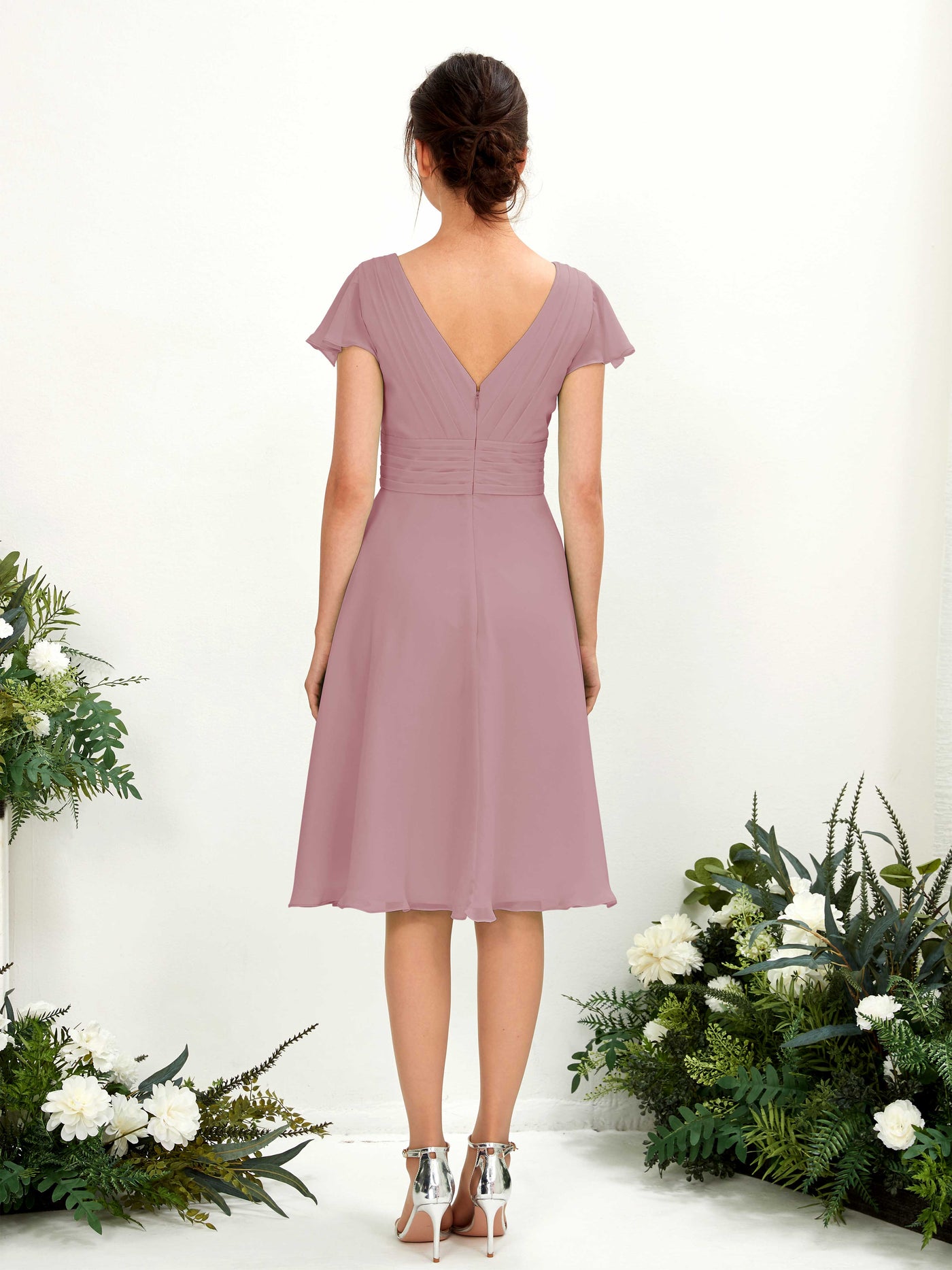 Carlyna Robe trapèze col V manches papillon longueur genou mousseline Mauve Vintage #couleur_mauve-vintage