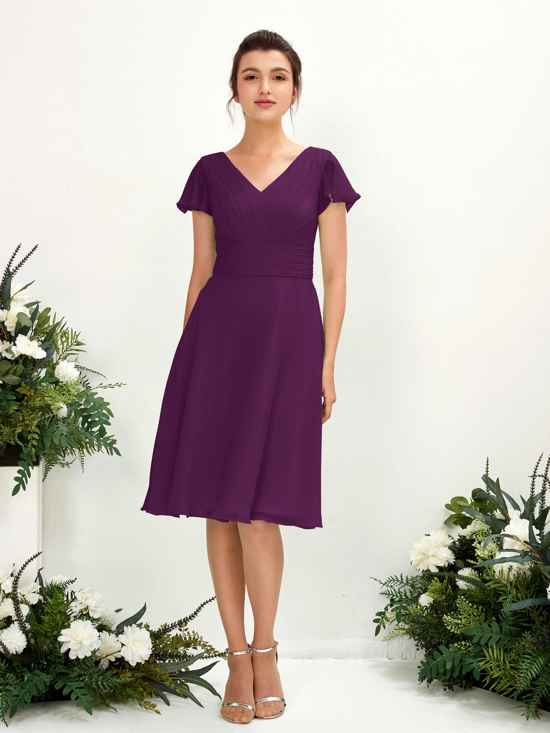 Carlyna Robe trapèze col V manches papillon longueur genou mousseline Pourpre 