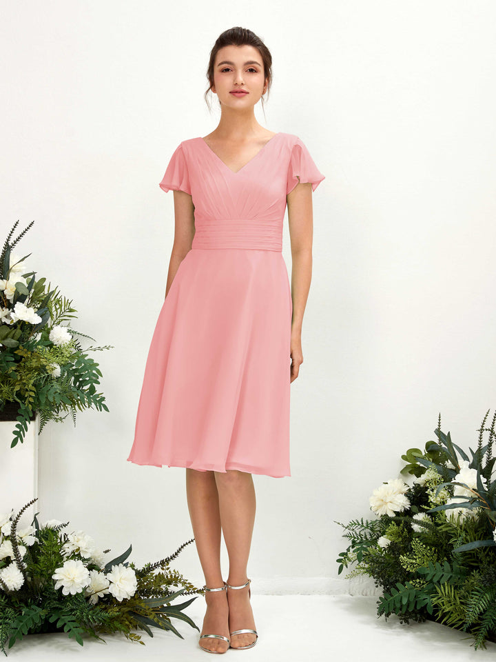 Carlyna Robe trapèze col V manches papillon longueur genou mousseline Rose Ballet 