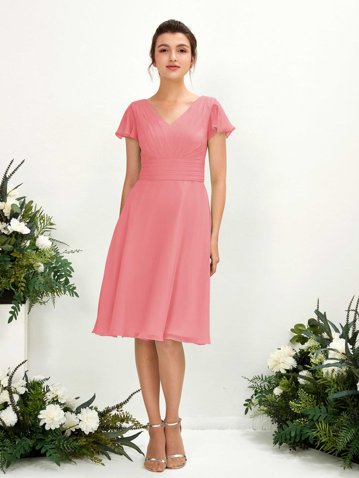 Carlyna Robe trapèze col V manches papillon longueur genou mousseline Rose Corail 