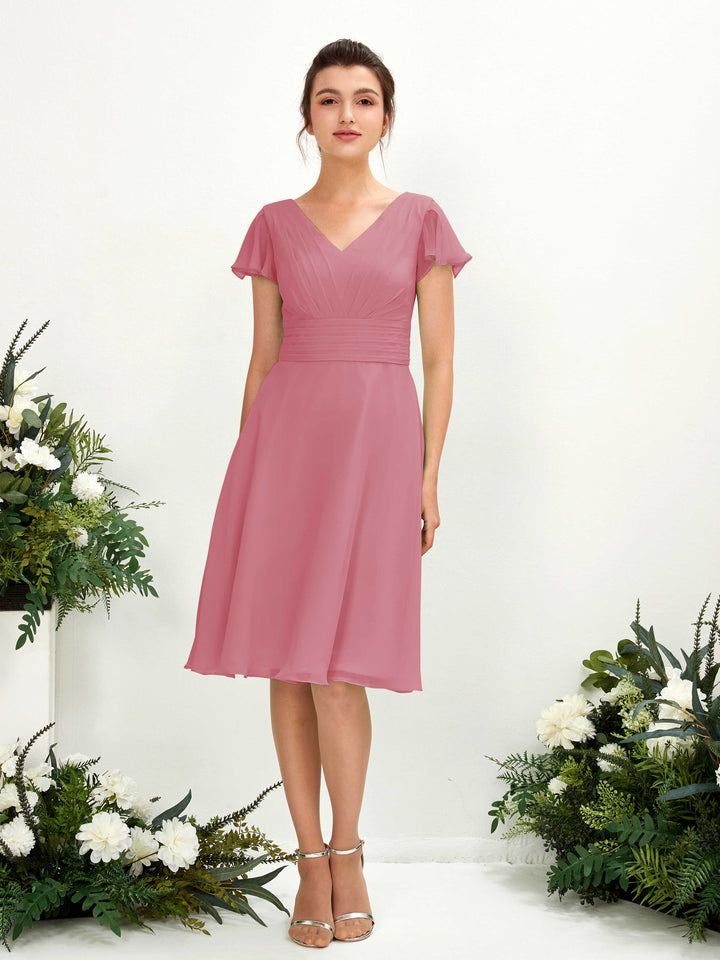 Carlyna Robe trapèze col V manches papillon longueur genou mousseline Rose Du Désert 