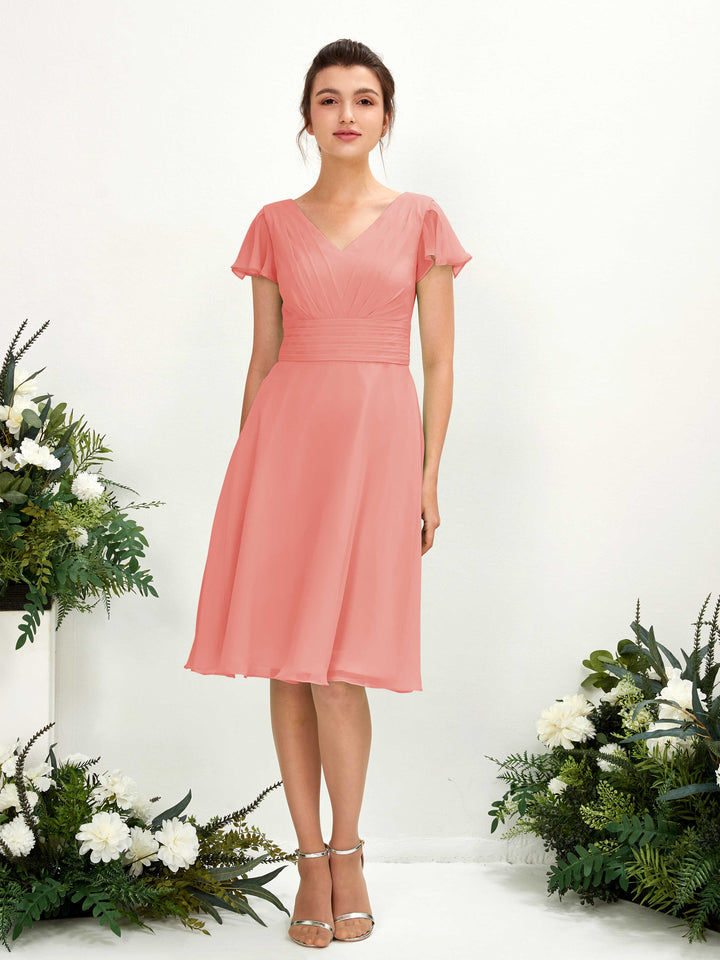 Carlyna Robe trapèze col V manches papillon longueur genou mousseline Rose Pêche 