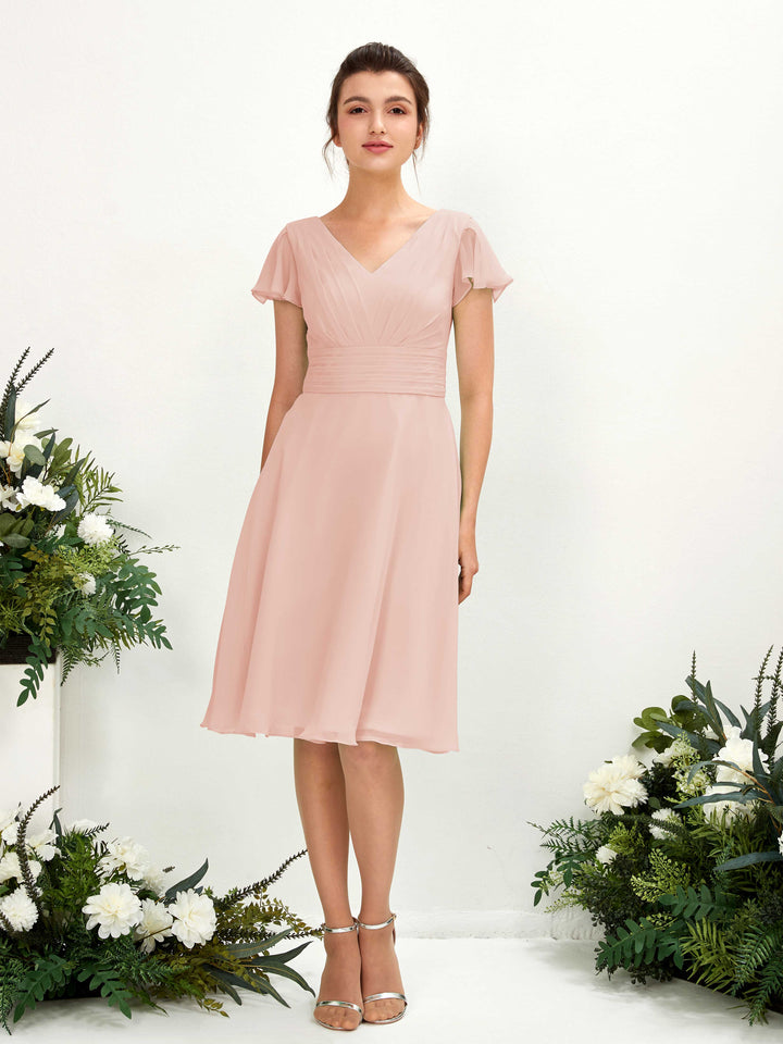 Carlyna Robe trapèze col V manches papillon longueur genou mousseline Rose Perle 