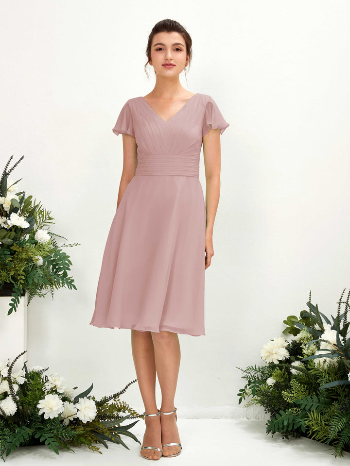 Carlyna Robe trapèze col V manches papillon longueur genou mousseline Rose Poussiéreux 